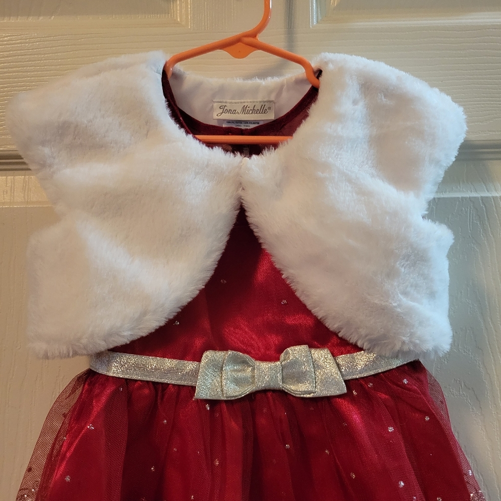 Jona Michelle 3T Red and Silver Dress and A White Faux Fur Bolero.